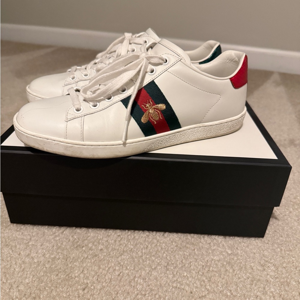 Gucci White Leather Sneaker with Green-Red Web & Gold Bee